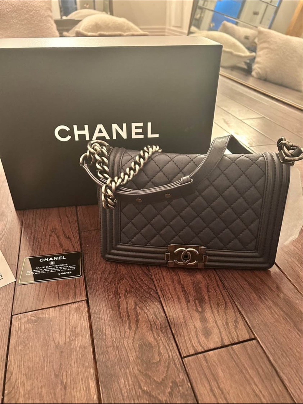 CHANEL navy Quilted Boy medium with silver Hardware. Authentic